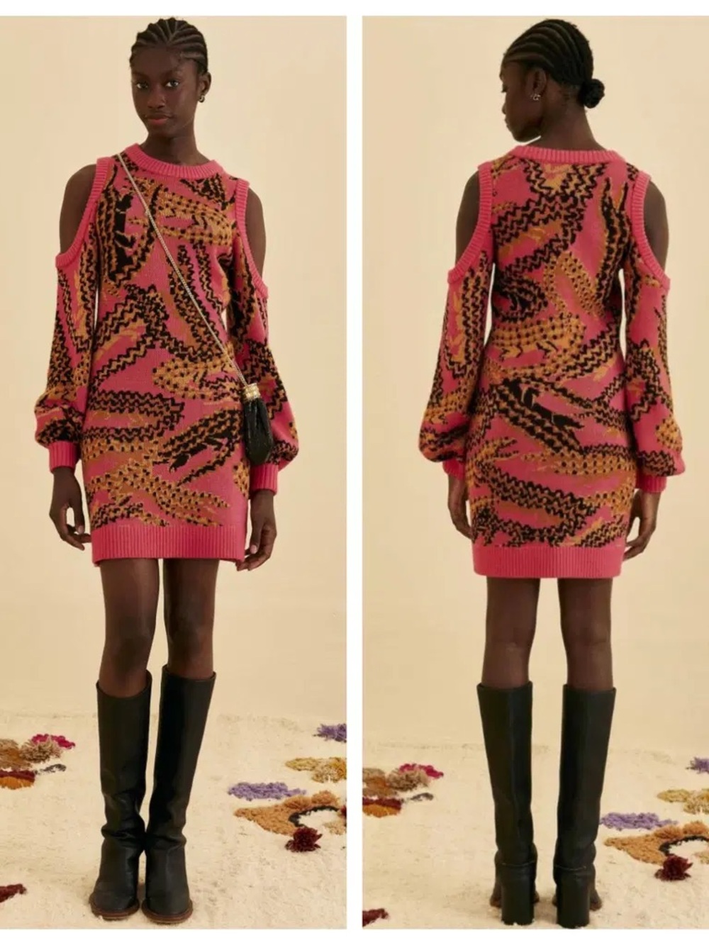 Farm Rio Croc Pink Wool Cold-Shoulder Sweater Dress
